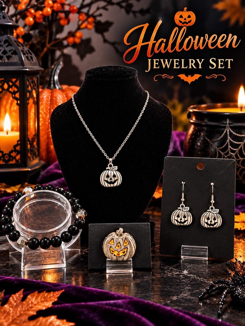 🎃 Halloween Pumpkin Necklace, Earring, Bracelet & Brooch Set-Silver Tone